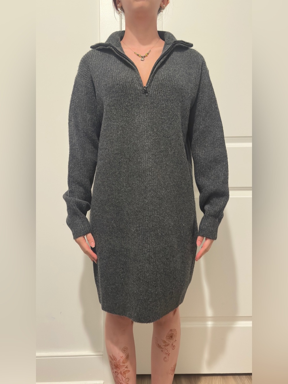 Uniqlo Gray Ribbed Half Zip Turtleneck Sweater Dress
